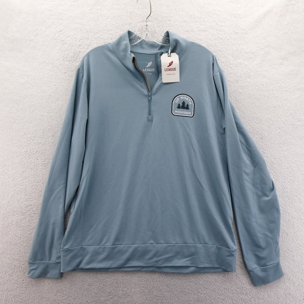 League Quarter Zip Pullover Mens Large Up North Michigan Blue Long Sleeve Poly